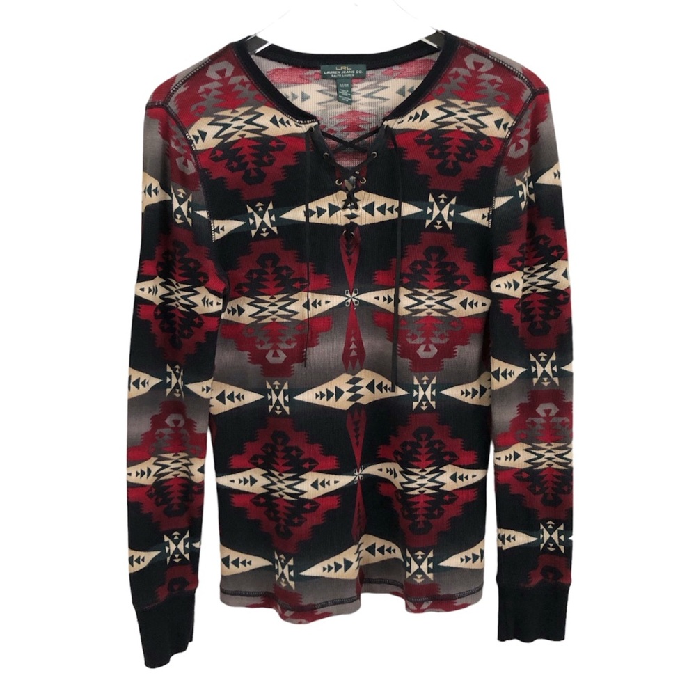 Lauren Ralph Lauren | Waffle Knit Long Sleeve Southwest Boho Top Medium Retro